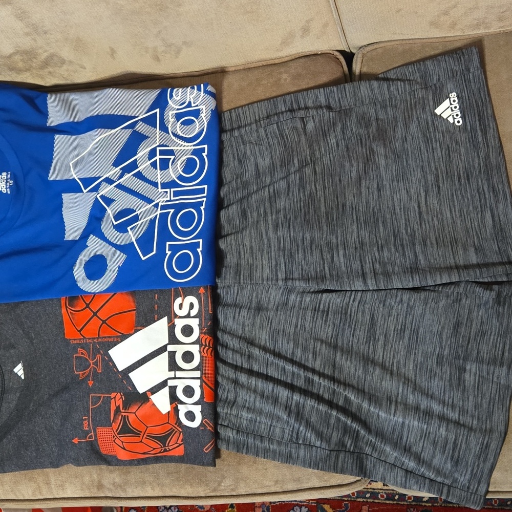 ADIDAS 3 Piece Boys Active Bundle Blue Gray Short Sleeve Tee Shorts Size L